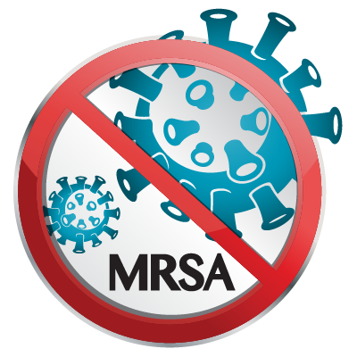Graphic illustrating a "No MRSA" message, featuring a virus icon and a red prohibition symbol. Nippon Paint products are designed to help reduce the risk of MRSA and other pathogens in various environments.