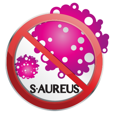 Graphic illustrating the prevention of S. Aureus bacteria, featuring a pink bacterial representation with a red prohibition symbol. Promotes Nippon Paint's antibacterial coatings for enhanced safety and hygiene.