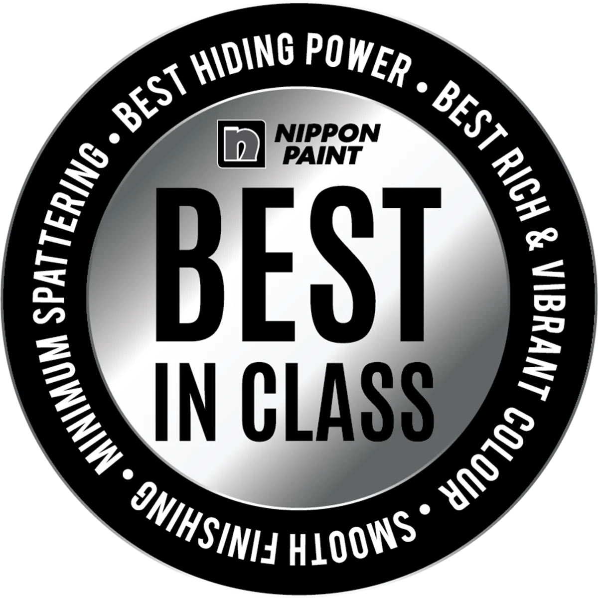 Nippon Paint branding badge highlighting "Best in Class" features, including best hiding power, rich and vibrant color, smooth finishing, and minimum spattering.