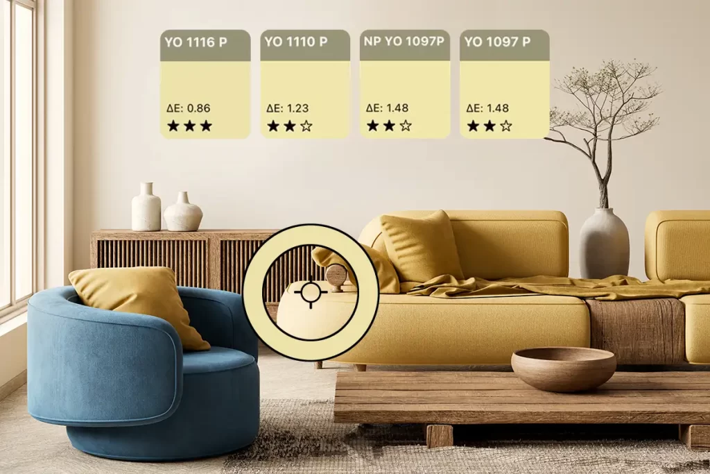 Modern living room featuring a stylish blue chair and a yellow sofa, with Nippon Paint color samples displayed on the wall, showcasing shades YO 1116 P, YO 1110 P, NP YO 1097 P, and YO 1097 P, highlighting their color differences and ratings.
