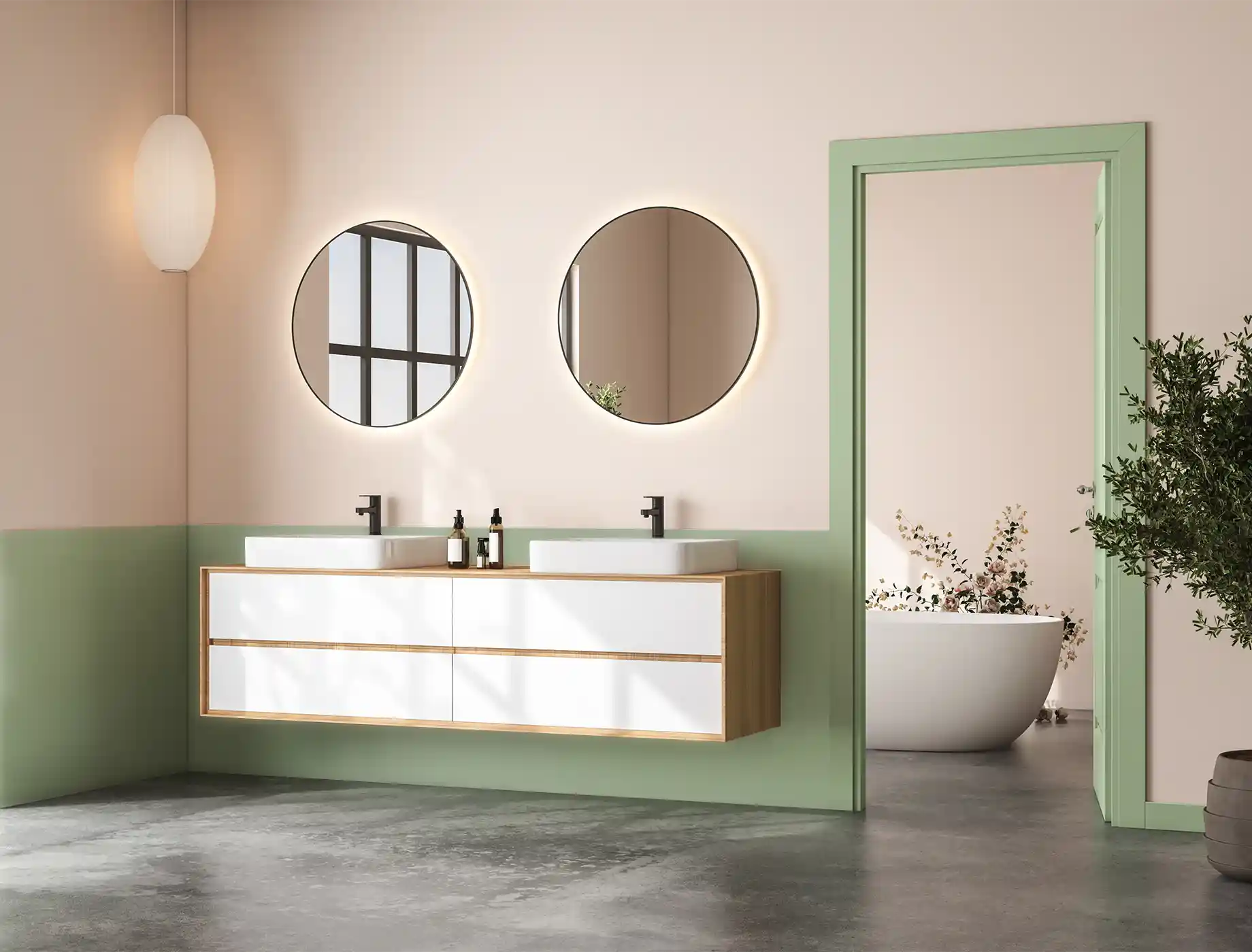 Modern bathroom featuring a stylish double vanity with circular mirrors, soft green wall accents, and natural wood elements. The space is illuminated by a pendant light and includes a freestanding bathtub visible through an open doorway. Designed with Nippon Paint products for a fresh and contemporary look.