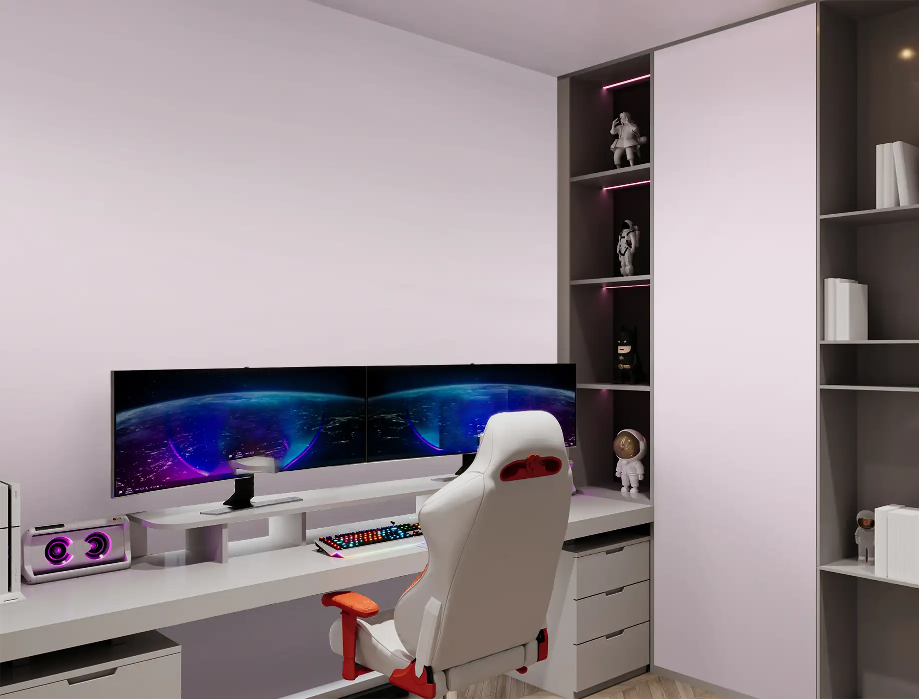 Modern gaming setup featuring dual monitors and a sleek desk, accented with Nippon Paint on the walls. The ergonomic chair and colorful keyboard enhance the contemporary design, while stylish shelving displays collectibles.