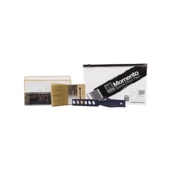 Nippon Paint Momentо Special Effect Paint kit featuring a paintbrush, paint tray, and scraper, ideal for achieving unique finishes in home improvement projects.