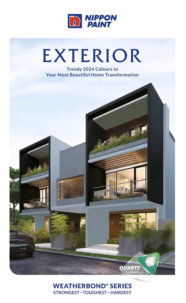Modern residential building showcasing Nippon Paint's Weatherbond® series for exterior applications, featuring trendy 2024 colors and Quartz Technology for durability and style.