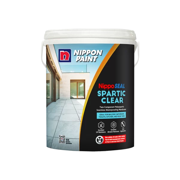 Nippon Paint NippoSEAL Spartic Clear, a two-component polysparitic waterproofing membrane, ideal for balconies, bathrooms, kitchens, and rooftops. Features excellent UV and abrasion resistance, ensuring durable protection for various surfaces.