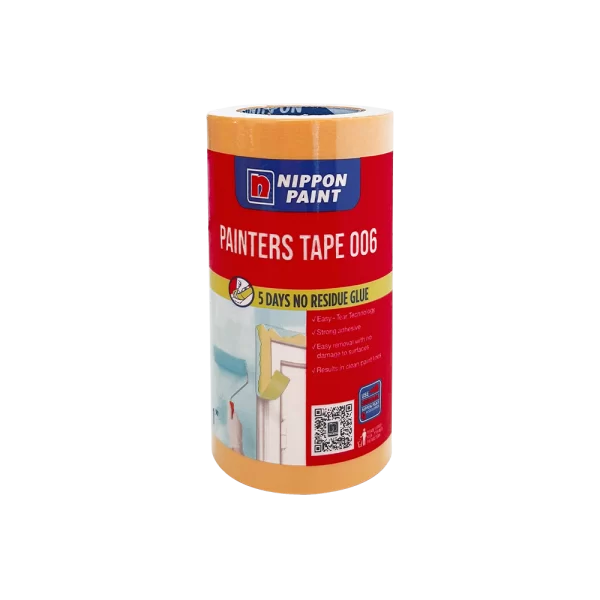 Nippon Paint Painters Tape 006 roll showcasing easy-tear technology, strong adhesive, and residue-free removal, ideal for achieving clean paint lines. Perfect for DIY projects and professional use.
