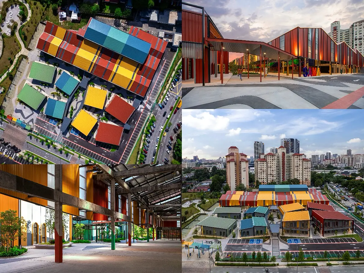 Aerial and ground views of a vibrant, multi-colored architectural complex featuring various buildings with roofs in shades of red, yellow, green, and blue. The design integrates natural landscaping and modern urban elements, showcasing Nippon Paint products that enhance the aesthetic appeal and durability of the structures.