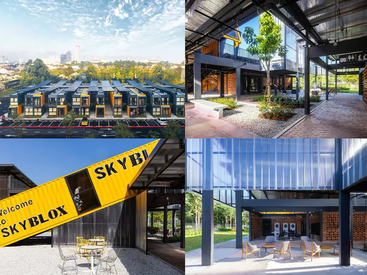 Modern architectural design featuring a vibrant community space at SKYBLOX, showcasing eco-friendly construction with Nippon Paint products. Aerial view of innovative housing units, outdoor gathering areas with contemporary furniture, and lush greenery.