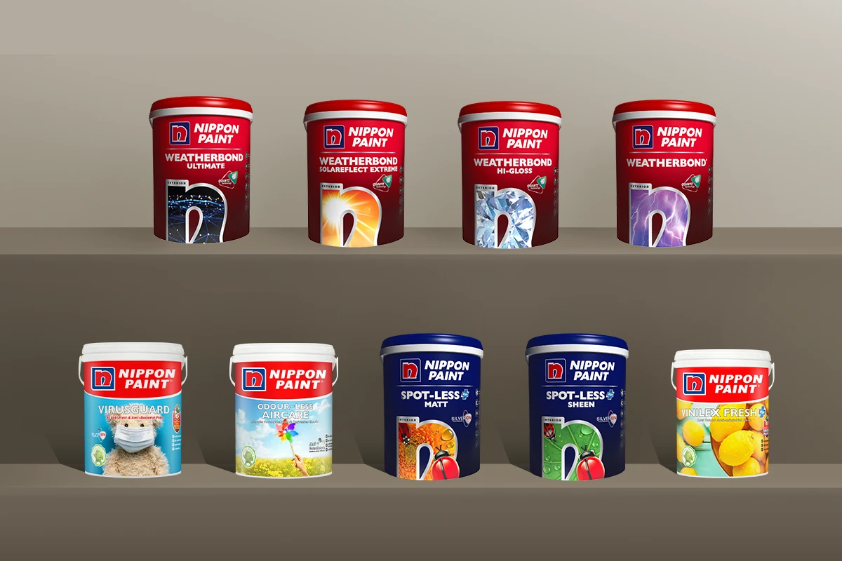 Nippon Paint product range featuring Weatherbond Ultimate, Weatherbond Solarreflect Extreme, Weatherbond Hi-Gloss, Weatherbond, VirusGuard, Odour-Less Air Care, Spot-Less Matt, Spot-Less Sheen, and Vinilex Fresh paint containers displayed on shelves.