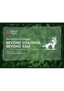 Nippon Paint's 2021 Sustainability Report cover featuring the tagline "Painting the Way Forward: Beyond Coatings, Beyond Asia," with a stylized wolf graphic against a green leaf background, emphasizing environmental commitment.