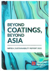 Nippon Paint Sustainability Report 2022 cover featuring a fluid design in shades of blue and green with the text "Beyond Coatings, Beyond Asia." The report emphasizes Nippon Paint's commitment to sustainability in the coatings industry.
