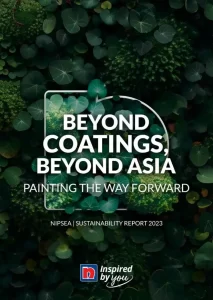 Nippon Paint Sustainability Report 2023 cover featuring lush green foliage with the title "Beyond Coatings, Beyond Asia: Painting the Way Forward," emphasizing environmental commitment and innovation in coatings.