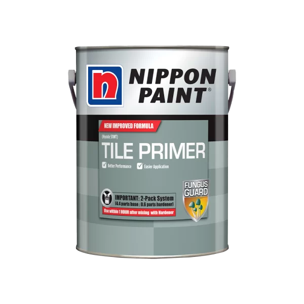 Nippon Paint Tile Primer canister featuring a new improved formula for better performance and easier application, designed for effective tile preparation with Fungus Guard protection.