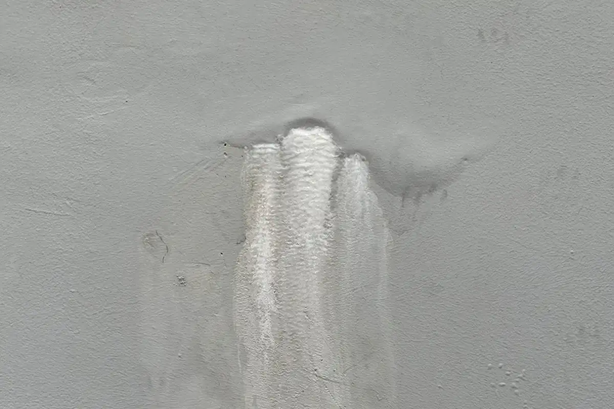 White efflorescence on grey exterior wall