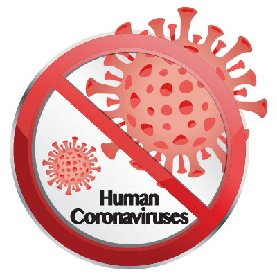 Illustration of a prohibition symbol with red coronavirus icons, emphasizing protection against human coronaviruses. Highlighting Nippon Paint's commitment to health and safety through innovative products.