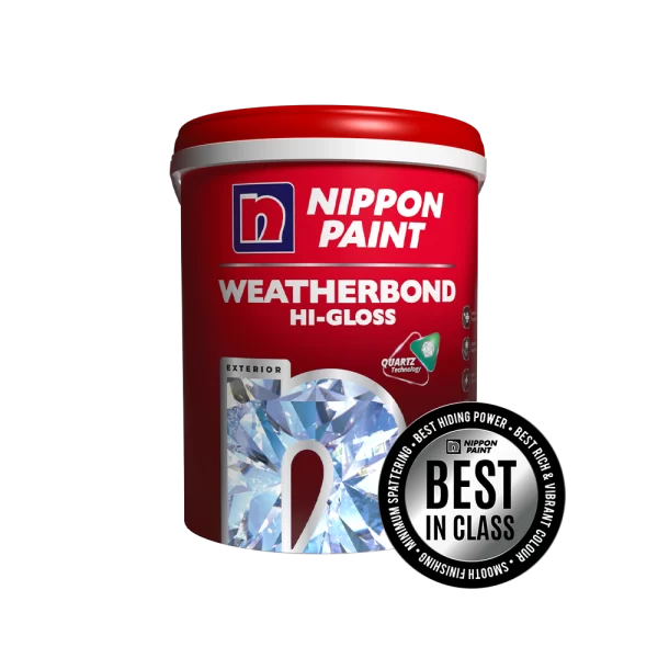 Nippon Paint Weatherbond Hi-Gloss exterior paint canister with quartz technology, showcasing best-in-class features for hiding power and vibrant color.