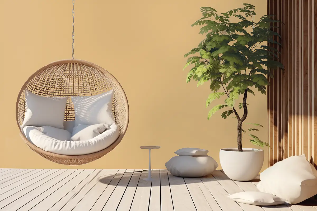 Cozy indoor space featuring a hanging rattan chair with white cushions, a minimalist side table, and decorative pillows, complemented by a lush potted plant against a warm, Nippon Paint colored wall. Ideal for relaxation and modern decor inspiration.