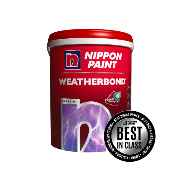 Nippon Paint Weatherbond exterior paint canister featuring Quartz Technology, recognized for its best-in-class hiding power and vibrant colors.
