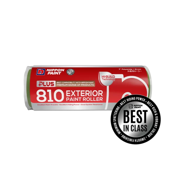 Nippon Paint 810 Exterior Paint Roller featuring Hi-Build Technology, designed for excellent paint transfer, superior hiding power, and good spatter resistance. Best compatibility with Nippon Paint's premium range of products, marked as best in class for vibrant color application.