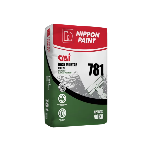 Nippon Paint CMI Base Mortar (Grey) 781, a 40kg skim coat product designed for optimal surface finishing and durability. Ideal for construction and renovation projects.