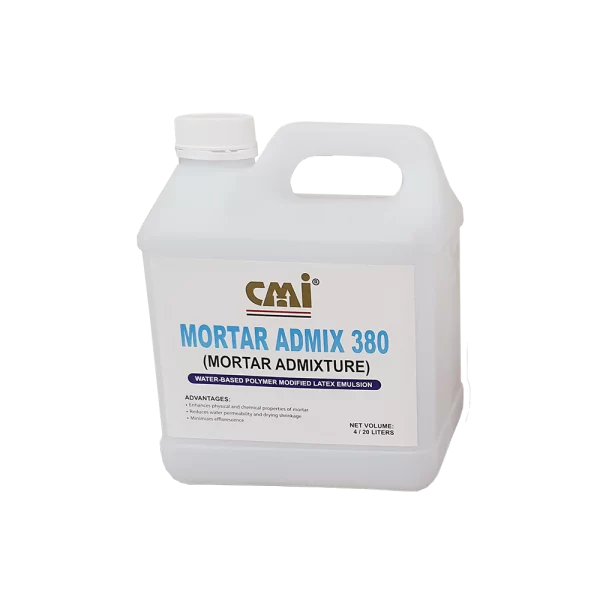 Container of CMI Mortar Admix 380, a water-based polymer modified latex emulsion used to enhance mortar properties, reduce water permeability, and minimize efflorescence. Suitable for construction applications.