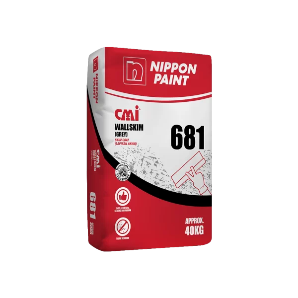 Nippon Paint CMI Wallskim Grey 681, a 40kg skim coat product designed for smooth wall finishes, featuring easy application and excellent adhesion. Ideal for enhancing interior surfaces.