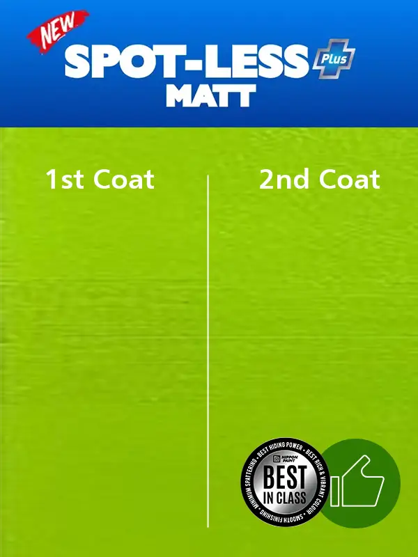 Nippon Paint Spot-Less Matt showcasing the difference between the first and second coat application, emphasizing its superior coverage and finish. Best in class for stain resistance and smooth texture.