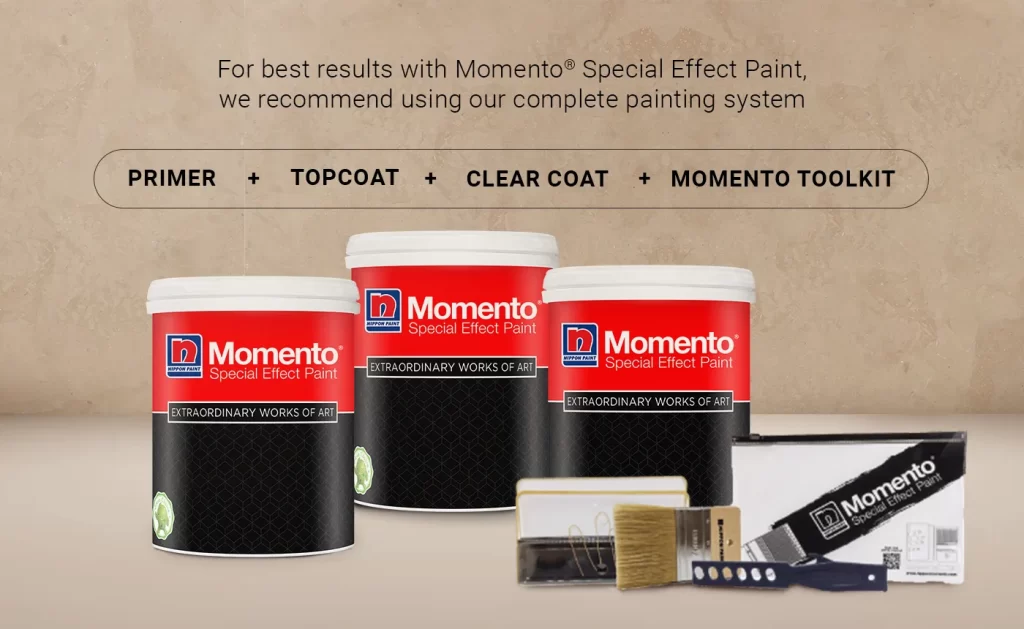 Momento® Special Effect Paint by Nippon Paint displayed alongside essential painting tools, including primer, topcoat, clear coat, and the Momento toolkit, emphasizing a complete painting system for achieving extraordinary results.