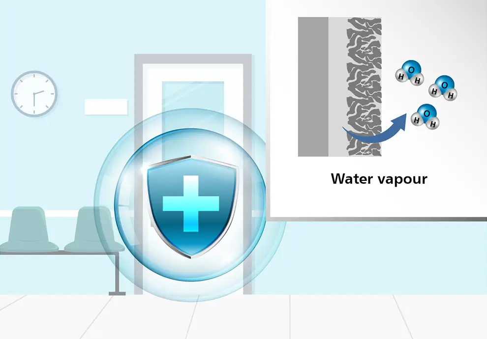 Illustration showing water vapor interaction with surfaces in a healthcare setting, featuring Nippon Paint's protective solutions for improved indoor air quality and moisture resistance.