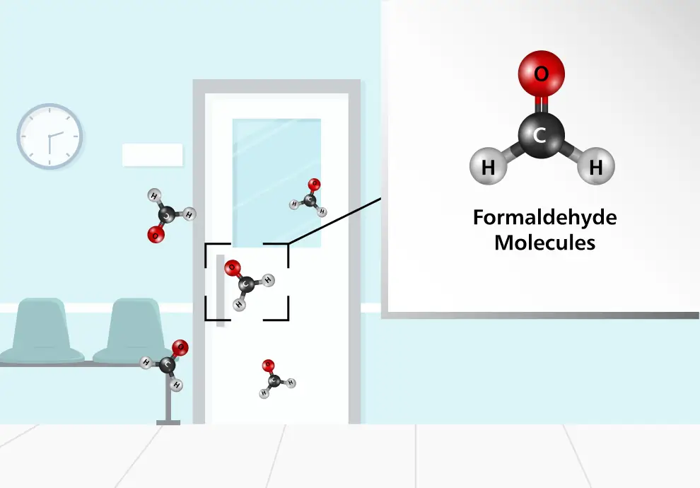 Illustration showing formaldehyde molecules in a waiting room, highlighting potential indoor air quality concerns. Nippon Paint products can help reduce indoor pollutants for a healthier environment.