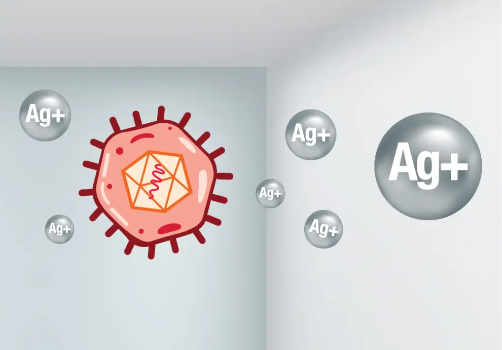 Illustration depicting antimicrobial properties with a virus and silver ions (Ag+) in a clean, modern interior. Highlights Nippon Paint's advanced technology for enhanced wall protection against bacteria and germs.