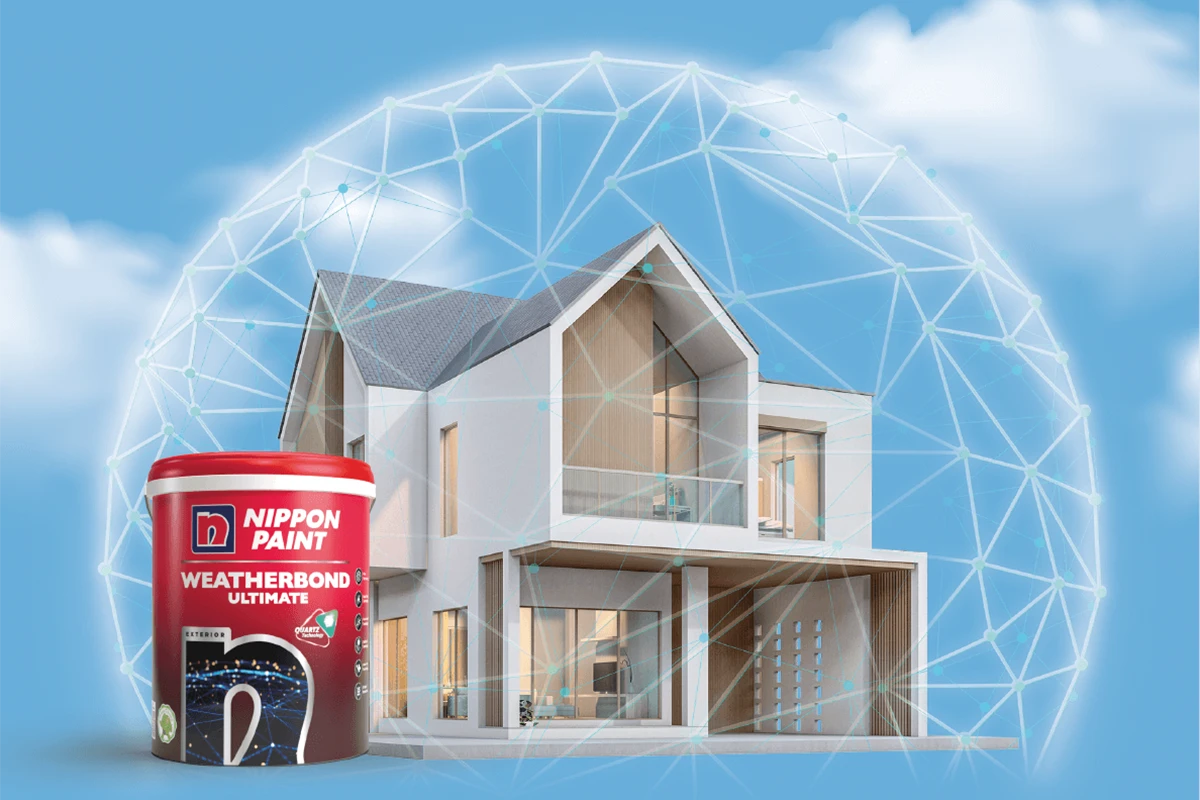 Nippon Paint Weatherbond Ultimate paint container in front of a modern, stylish house, showcasing its durability and weather resistance features. The background features a digital network design, emphasizing innovative technology for home protection.