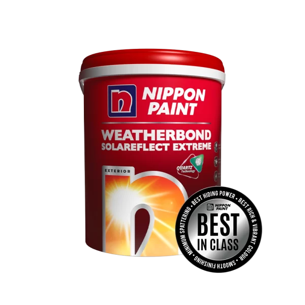 Nippon Paint Weatherbond Solareflect Extreme exterior paint canister featuring Quartz Technology, labeled as "Best in Class" for its superior hiding power, vibrant color, and minimal spattering.