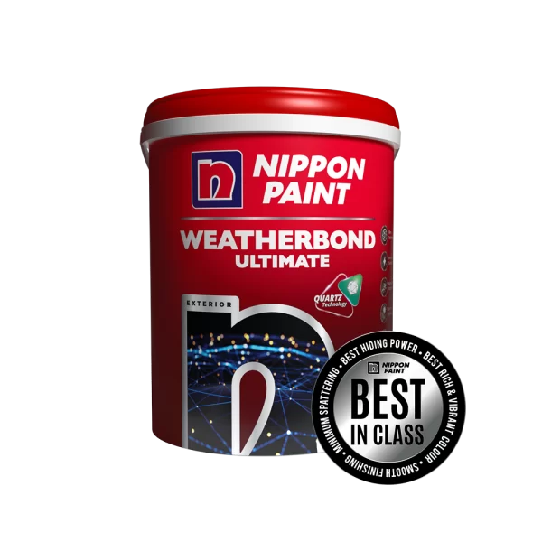 Nippon Paint Weatherbond Ultimate exterior paint canister featuring Quartz Technology, labeled as "Best in Class" for hiding power and color vibrancy.