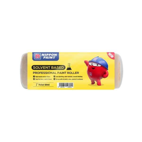 Nippon Paint solvent-based professional paint roller, featuring high-density mohair fibers for a smooth finish. Ideal for doors, walls, and floors, it offers less splashing and is suitable for all paints, glosses, epoxies, and urethanes. 7-inch size for versatile use.