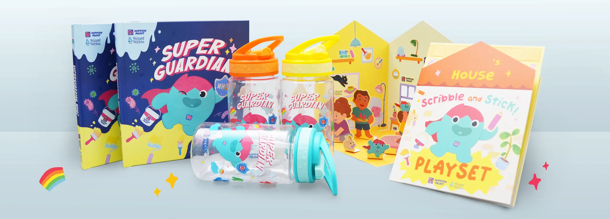 Nippon Paint promotional materials featuring colorful "Super Guardian" water bottles, a playset, and an activity book designed for children, emphasizing creativity and fun.