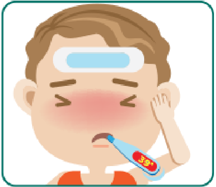 Illustration of a sick child with a fever, showing discomfort with a thermometer in mouth, featuring a temperature reading of 38°C. Ideal for discussing health and wellness topics.