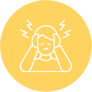 Illustration of a woman experiencing stress, symbolized by a yellow background and headache icons. This image represents the impact of environment on mental well-being, emphasizing the importance of using calming colors like those offered by Nippon Paint to create a peaceful living space.