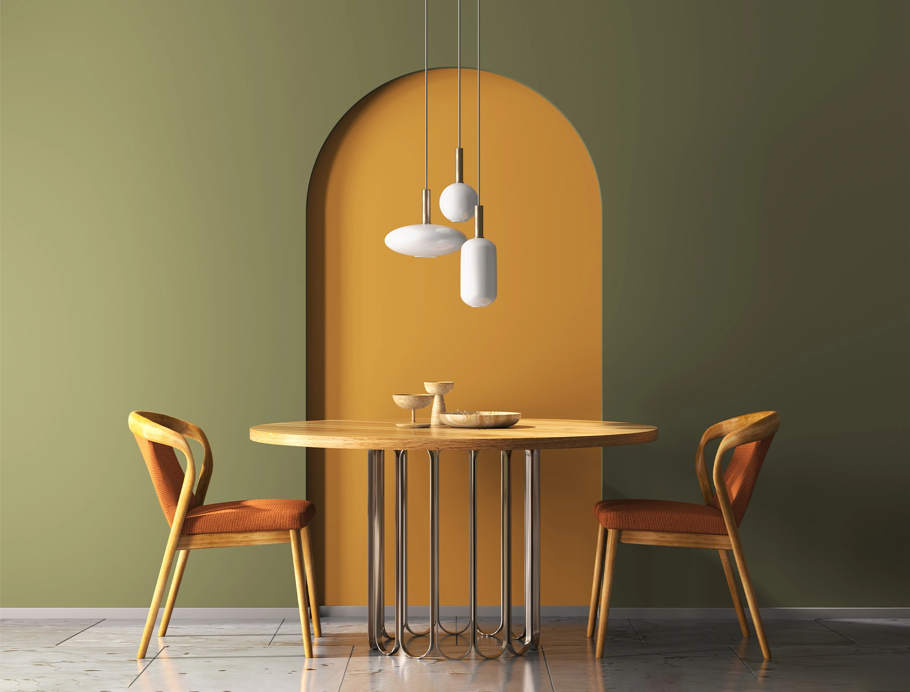 Modern dining area featuring a round wooden table and stylish chairs, with a backdrop of green and yellow walls painted in Nippon Paint colors. Elegant pendant lights hang above the table, enhancing the contemporary design.