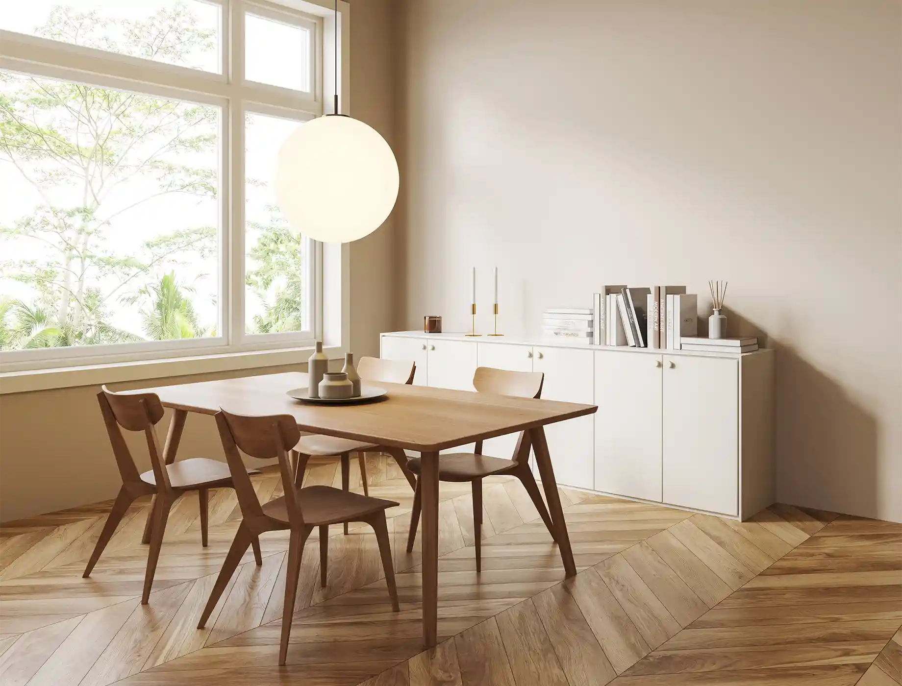 A bright Japandi-styled living room with cream white walls, a wooden dining set, and a cabinet
