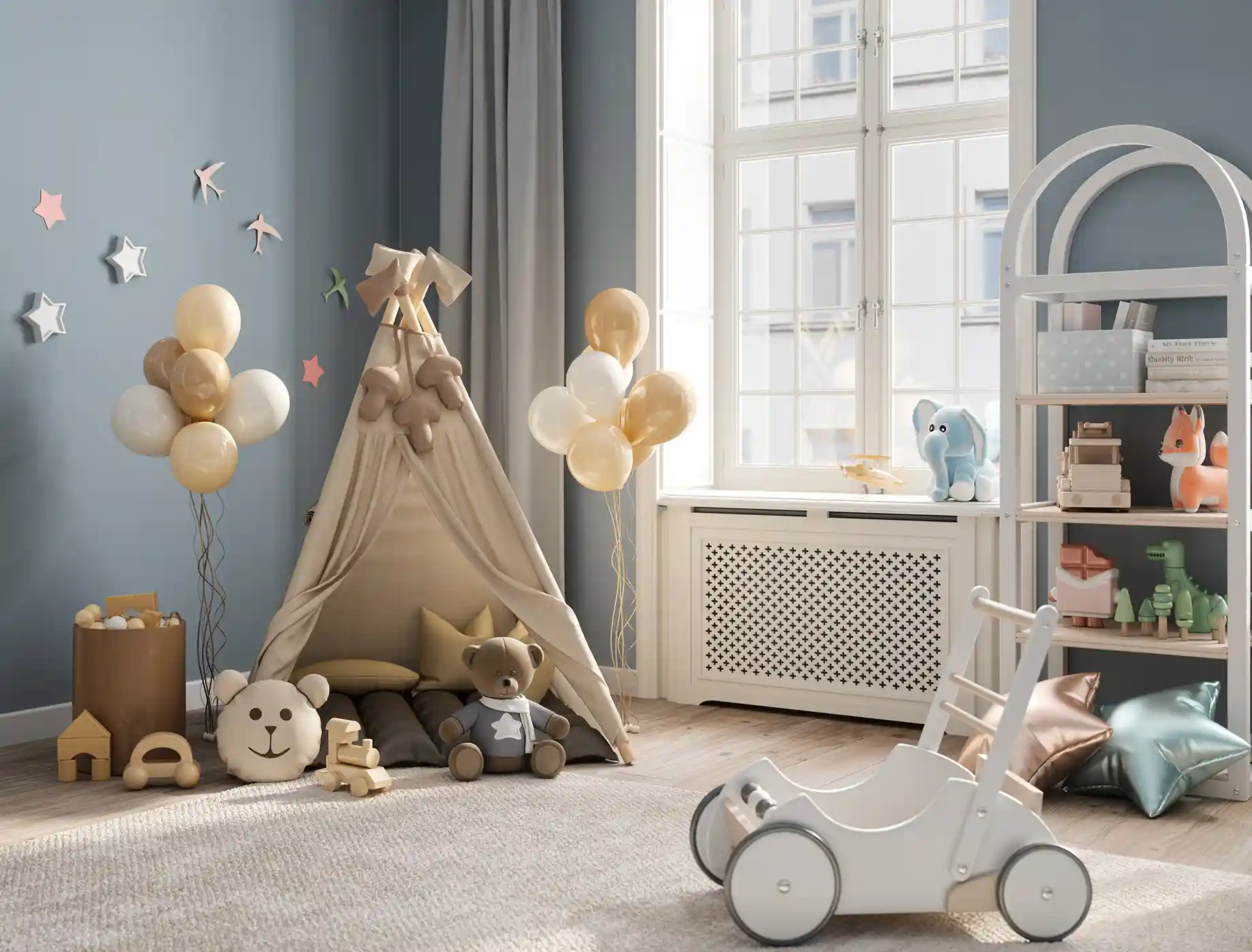 Cozy children's playroom featuring a beige teepee, soft toys, and decorative balloons in gold and white. The walls are painted in a soothing blue using Nippon Paint, creating a calm and inviting atmosphere for kids. A wooden toy cart and shelves filled with plush animals and blocks enhance the playful environment.