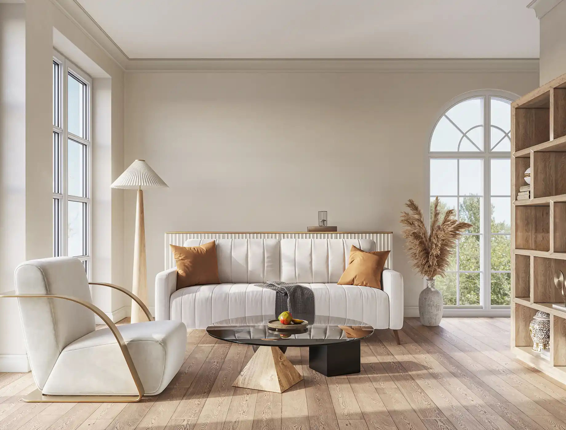 Minimalistic living room with large windows, a white sofa set and ivory white painted walls