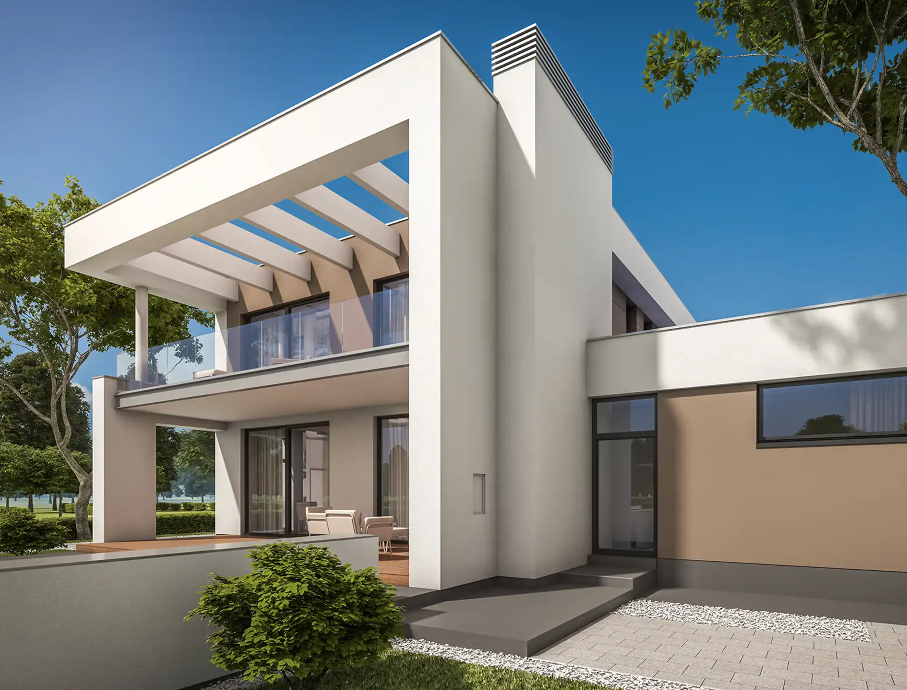 Modern house exterior featuring a sleek design with a spacious balcony and large glass windows, surrounded by lush greenery. The building is painted with Nippon Paint products, showcasing durability and aesthetic appeal. Clear blue sky enhances the contemporary architecture.