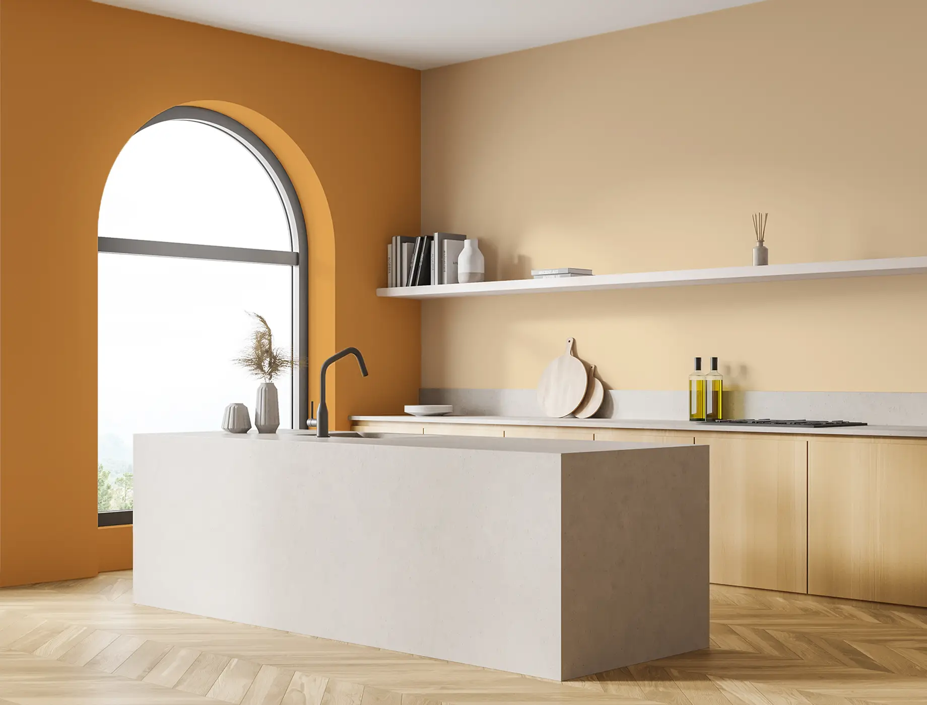 Modern kitchen featuring a sleek concrete island, warm orange accent wall, and natural wood cabinetry. The design showcases Nippon Paint's vibrant colors, enhancing the inviting atmosphere with ample natural light from the large arched window.