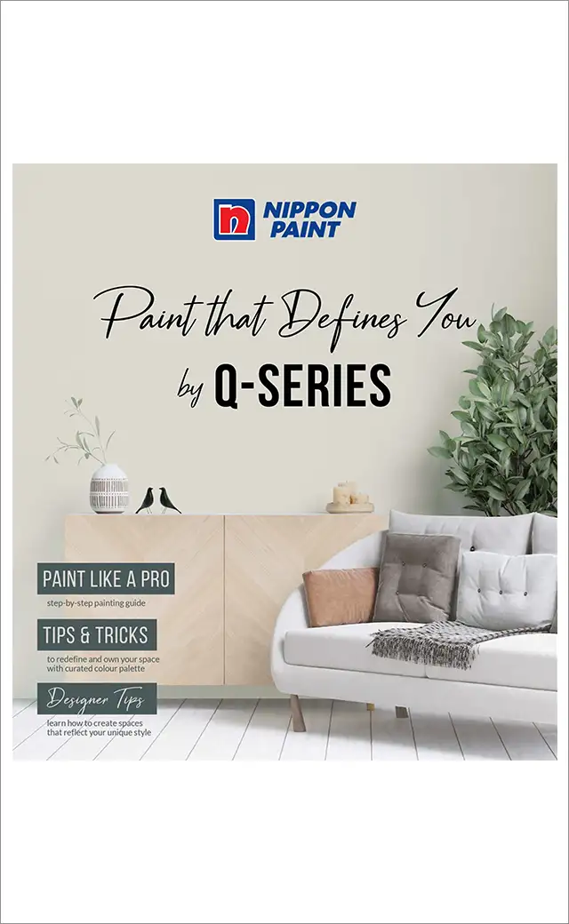 Nippon Paint Q-Series promotional image showcasing "Paint that Defines You," featuring tips for painting like a pro and creating personalized spaces. The design includes a modern interior with a cozy sofa and decorative elements, emphasizing a curated color palette.