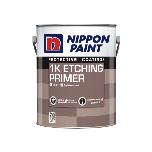 Nippon Paint 1K Etching Primer canister, designed for protective coatings. Features fast-drying, single-component formula with excellent adhesion on galvanized steel surfaces. Recommended dilution with 2K Thinner 01 for optimal performance.
