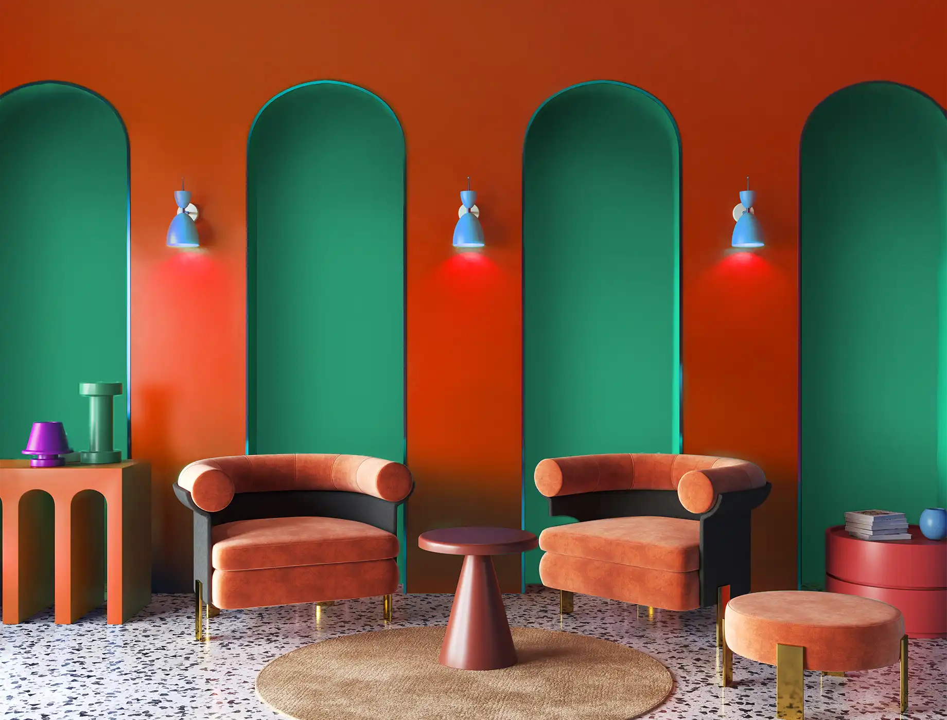 Modern living room featuring vibrant Nippon Paint colors, with an orange wall and green arched niches. Stylish furniture includes two plush, curved chairs, a round coffee table, and decorative items, creating a chic and inviting atmosphere.