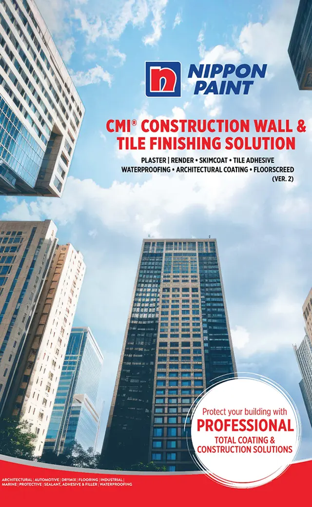 Nippon Paint CMI® Construction Wall & Tile Finishing Solution promotional image, showcasing plaster, render, skimcoat, tile adhesive, waterproofing, architectural coating, and floorscreed options for professional building protection.