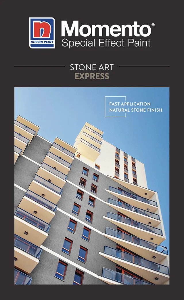 Nippon Paint Momento Stone Art Express showcasing a modern building facade with a natural stone finish, emphasizing fast application and special effect paint features.