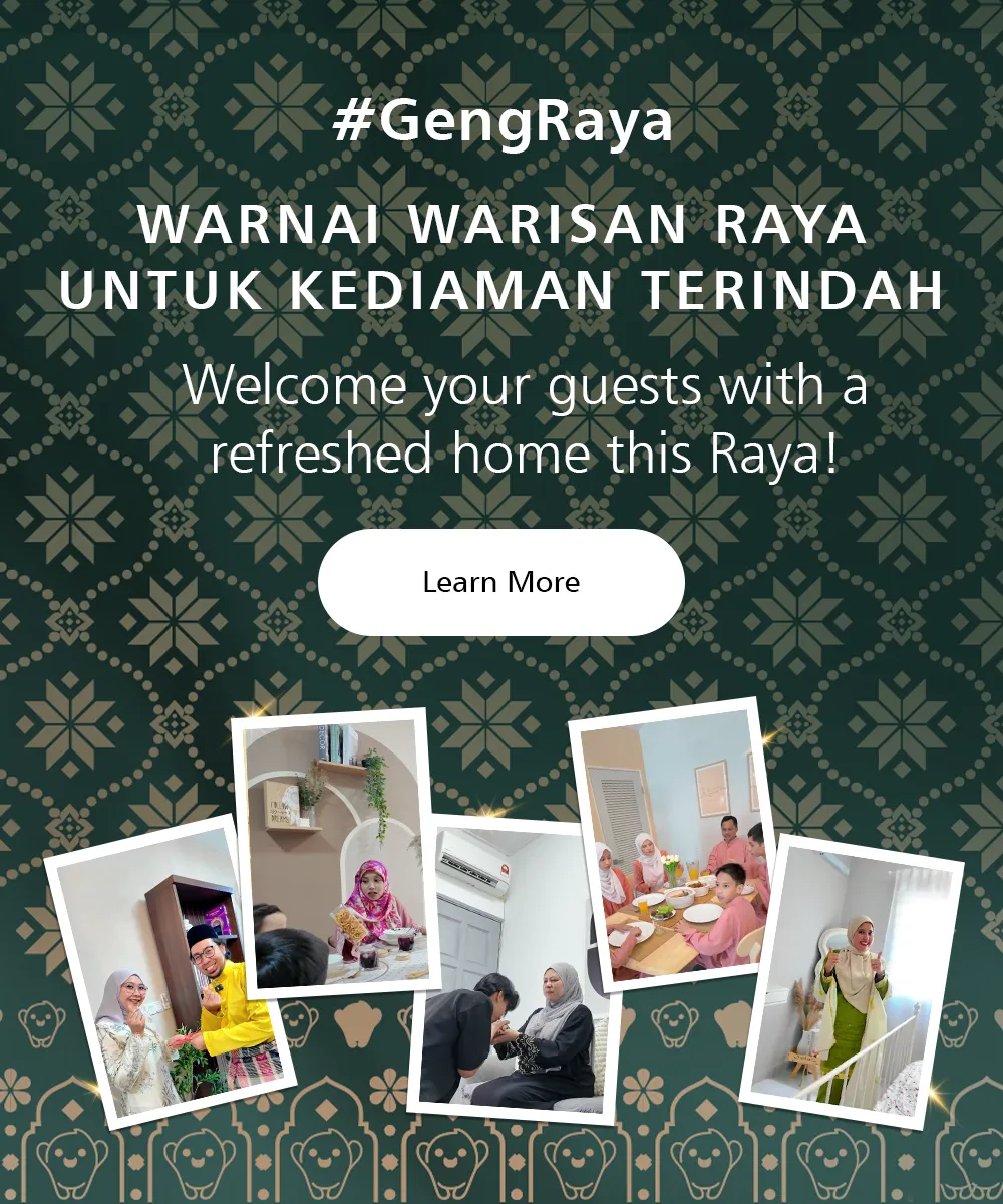 Alt text: A festive promotional image for Nippon Paint showcasing a refreshed home for Raya celebrations. It features various scenes of guests enjoying a gathering, highlighting vibrant colors and welcoming decor. The tagline emphasizes inviting guests into a beautifully painted home.
